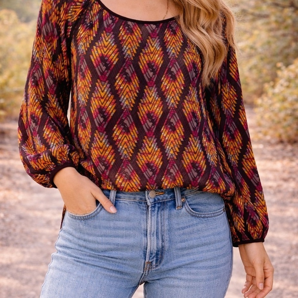 Altard State Aztec Bohemian Blouse Medium‎ Brown Orange  Long Sleeve Top sheer